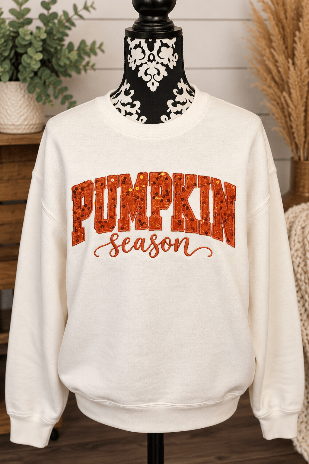 Pumpkin Season Sequin Appliqué Sweatshirt | Embroidered Fall Crewneck - SC Custom Embroidery LLC