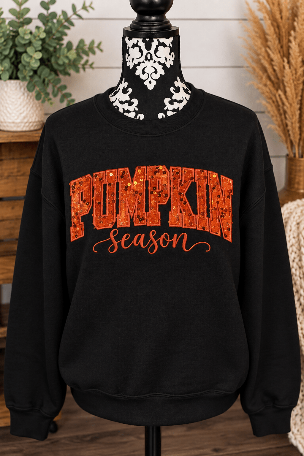 Pumpkin Season Sequin Appliqué Sweatshirt | Embroidered Fall Crewneck - SC Custom Embroidery LLC