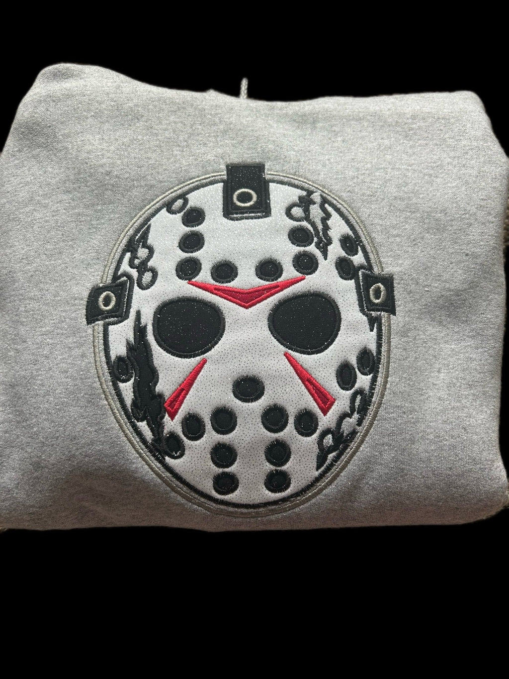 Jason Hockey Mask Appliqué Hoodie | Horror Inspired Embroidered Sweatshirt | Glitter or Fabric Appliqué | Halloween Hoodie - SC Custom Embroidery LLC