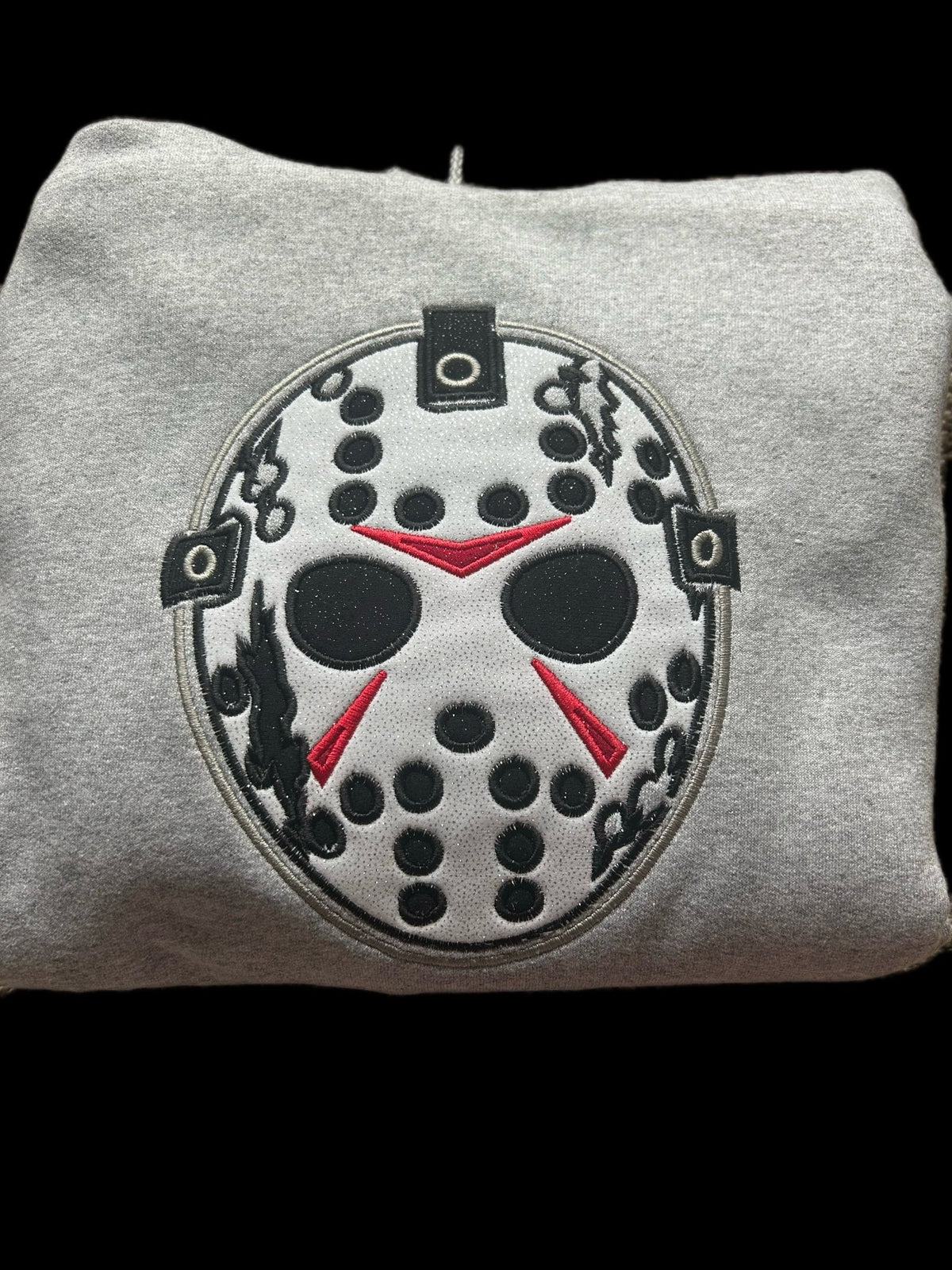 Jason Hockey Mask Appliqué Hoodie | Horror Inspired Embroidered Sweatshirt | Glitter or Fabric Appliqué | Halloween Hoodie - SC Custom Embroidery LLC