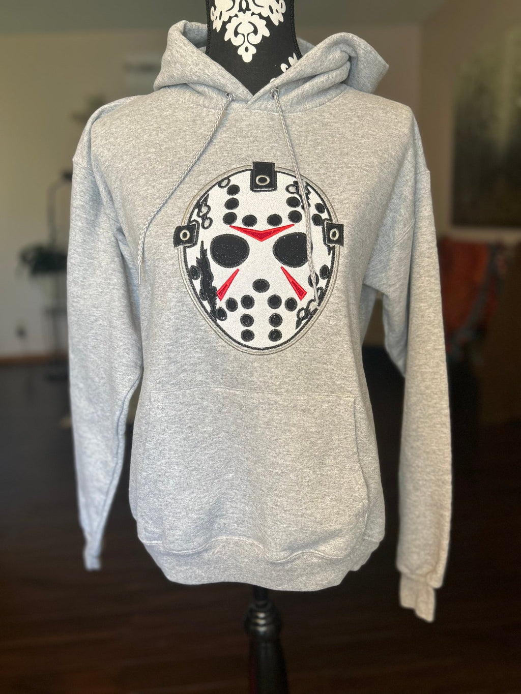 Jason Hockey Mask Appliqué Hoodie | Horror Inspired Embroidered Sweatshirt | Glitter or Fabric Appliqué | Halloween Hoodie - SC Custom Embroidery LLC