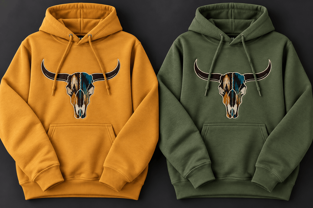 Western Longhorn Skull Embroidered Hoodie | Southwestern Graphic Sweatshir - SC Custom Embroidery LLC