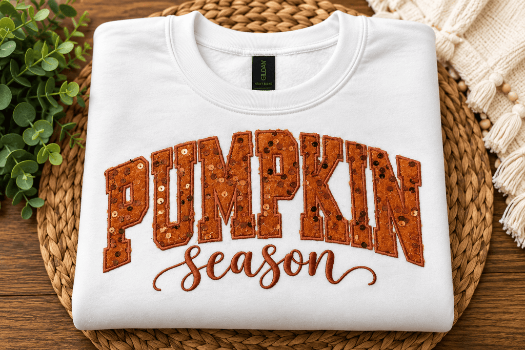 Pumpkin Season Sequin Appliqué Sweatshirt | Embroidered Fall Crewneck - SC Custom Embroidery LLC