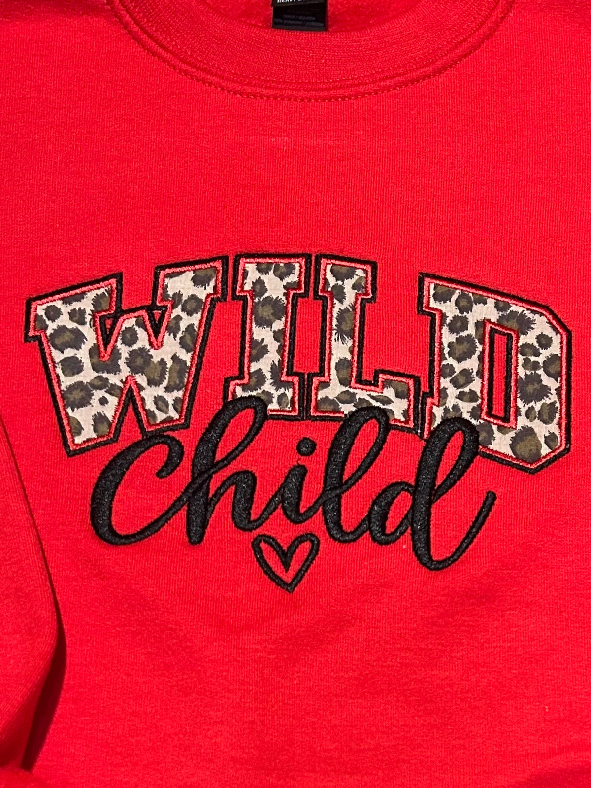 Girls Wild Child Leopard Print Appliqué Crewneck Sweatshirt - SC Custom Embroidery LLC